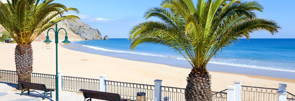 En solfylt strandpromenade med palmer, sittebenker, og utsikt til havet og en fjellklippe i det fjerne.