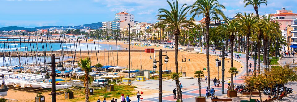 Bildet viser en solfylt strandpromenade med palmer, folk som spaserer, og en klar blå himmel.